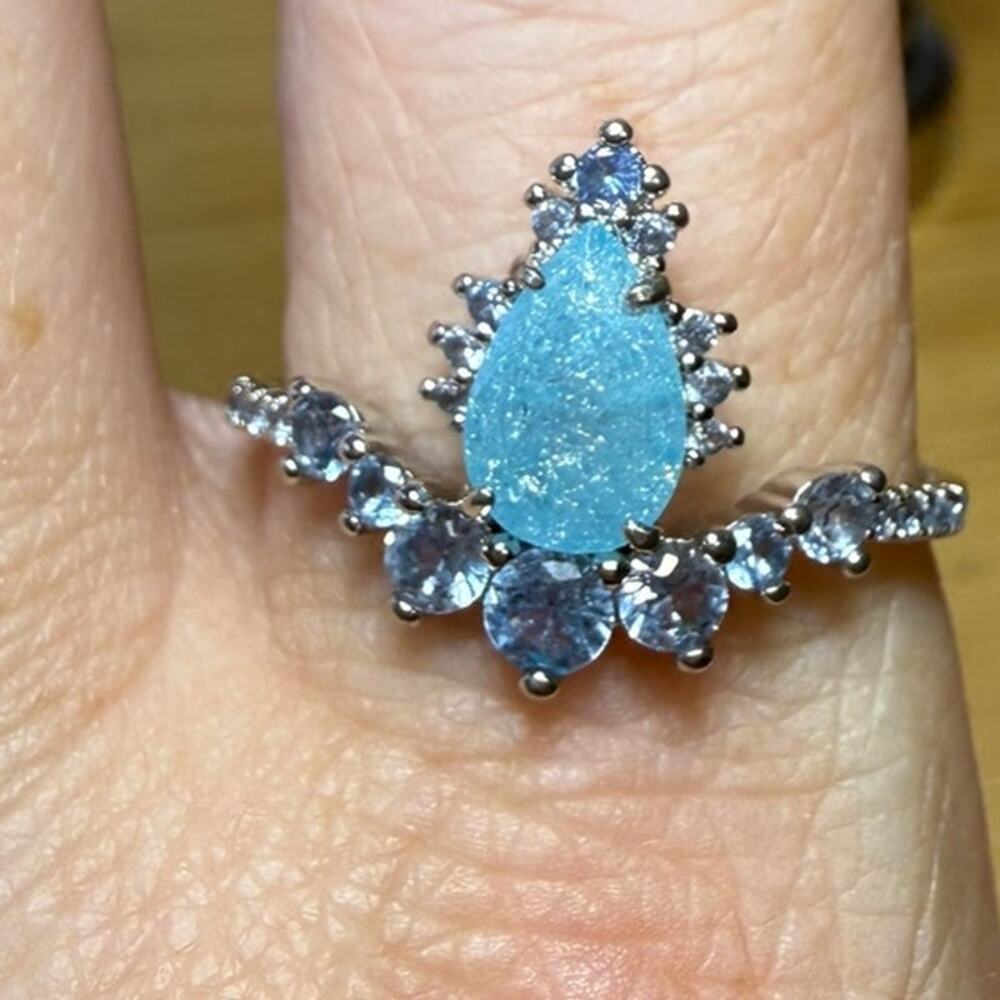 Bomb Party Blue Pear Druzy Style Halo Statement Ring Silver Tone Size 10.5